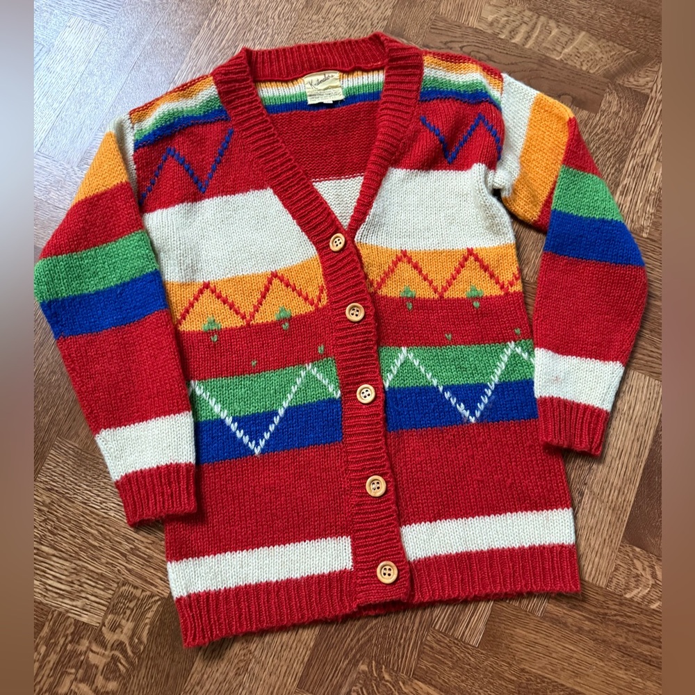 KNITMAKERS Vintage Striped Cardigan Sweater Rainbow 70s Cottagecore Grandpa‎ L